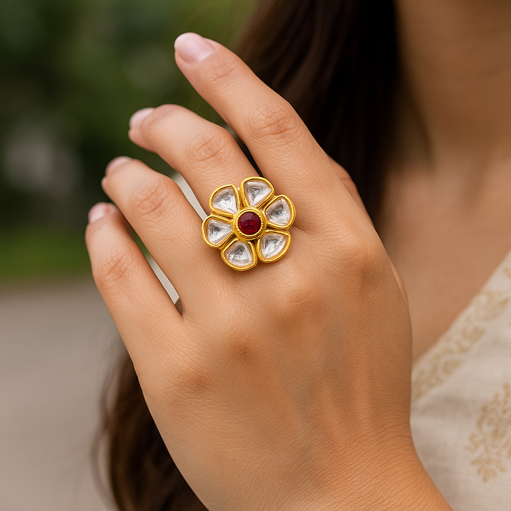 Floral Kundan Adjustable Ring – Gold Plated with Red & White Stones