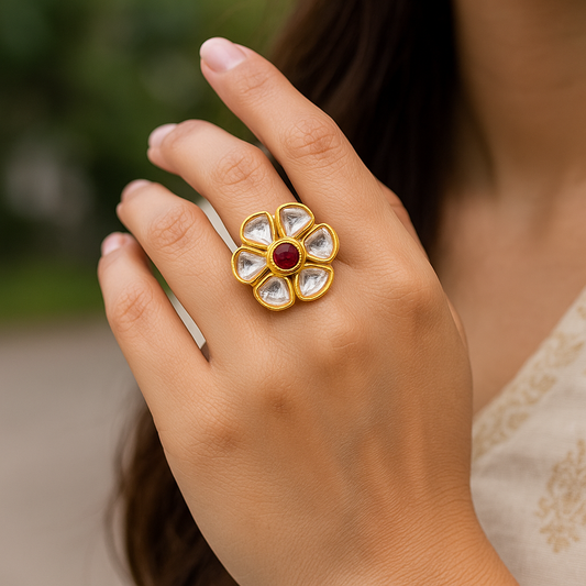 Floral Kundan Adjustable Ring – Gold Plated with Red & White Stones