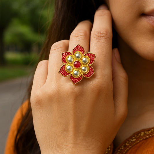 Red Petal Kundan Ring