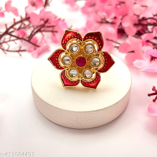 Red Petal Kundan Ring