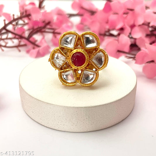 Floral Kundan Adjustable Ring – Gold Plated with Red & White Stones